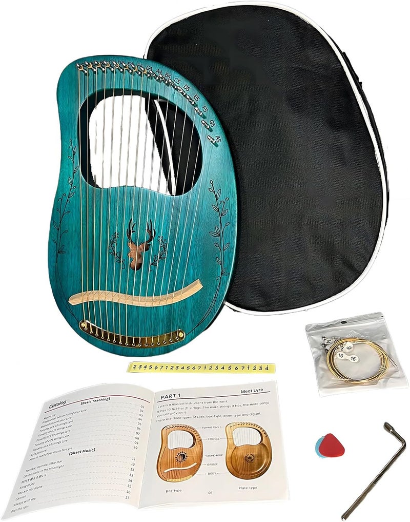 BORIYAM Lyre Harp, 16 Metal Strings,Whole Mahogany Body Made Without Splices, Easy to Carry Instrument, With Spare Strings, Bag，Picks, Tuning Lever, Music Manual(Blue) - Image 2